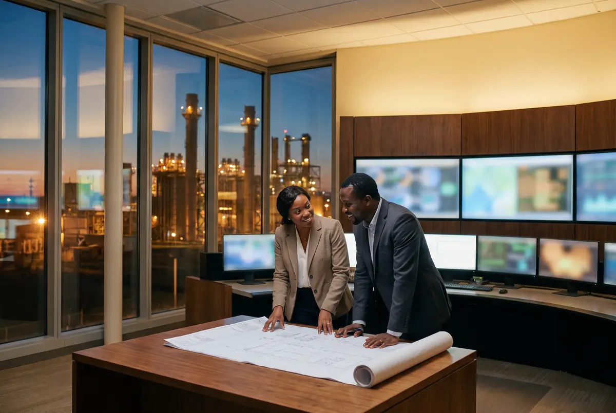 Engineers reviewing drawings in an operations control room