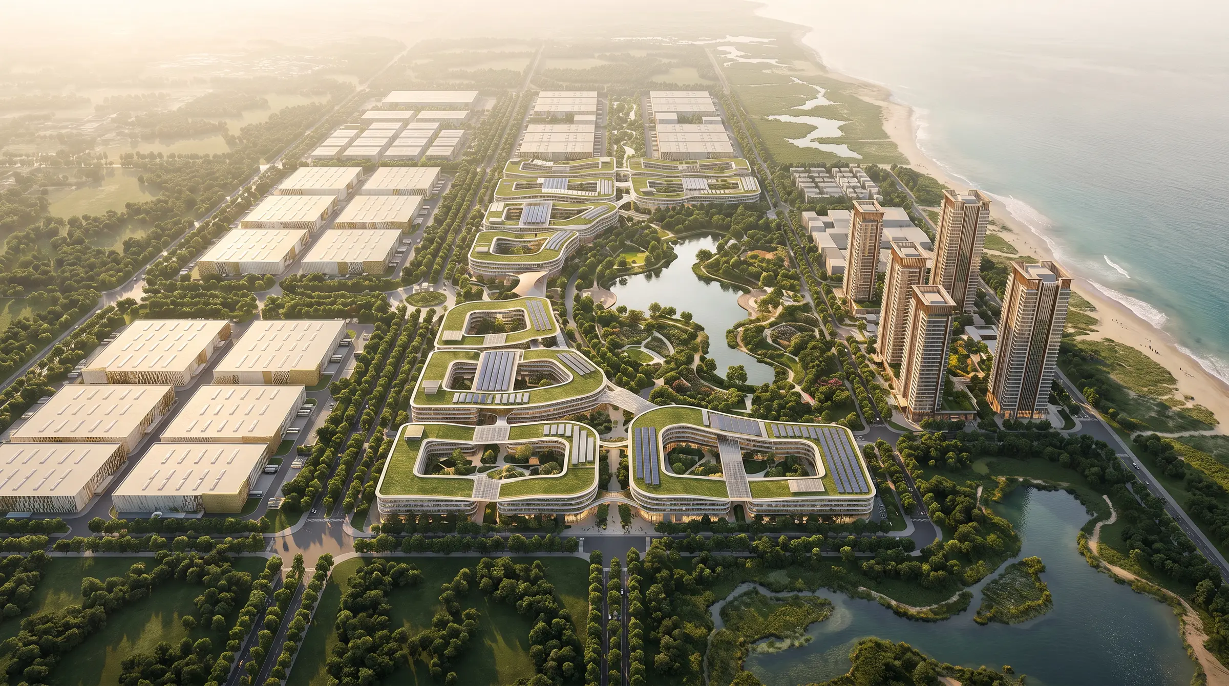 Architectural render of a planned AI-enabled industrial city beside the Atlantic