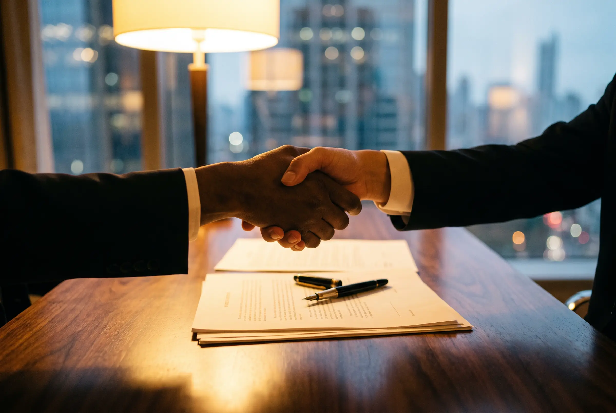 Business partners shaking hands over signed documents