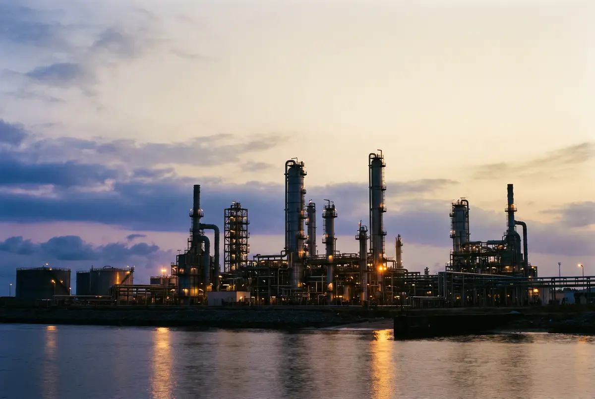 A coastal refinery lit at dusk