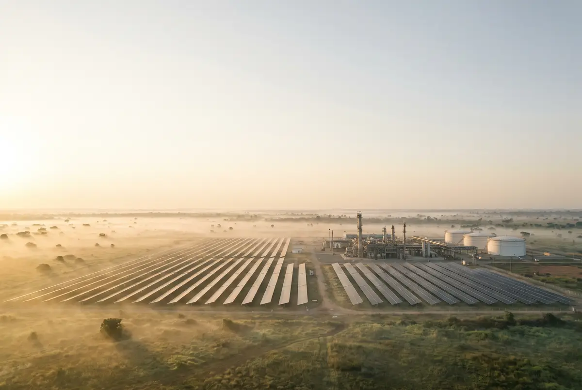 A solar farm beside a gas processing plant at sunrise